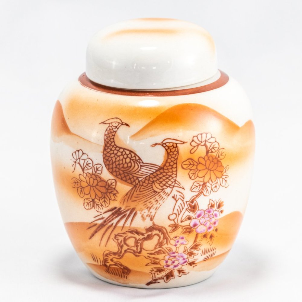 Vintage Heygill Imports Japanese Peacock Ceramic Ginger Jar – 4″ Crackle-Glaze